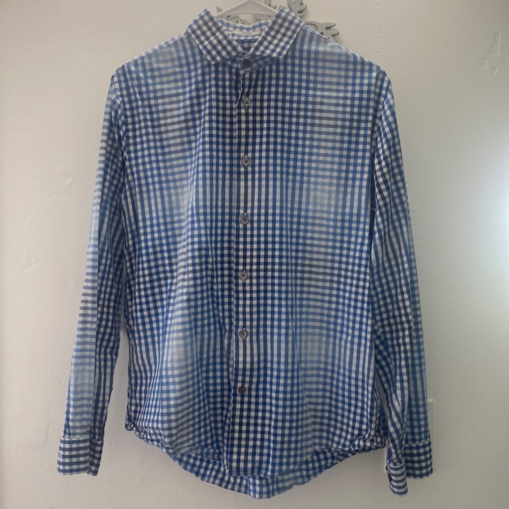 EXPRESS white and blue FITTED SHIRT